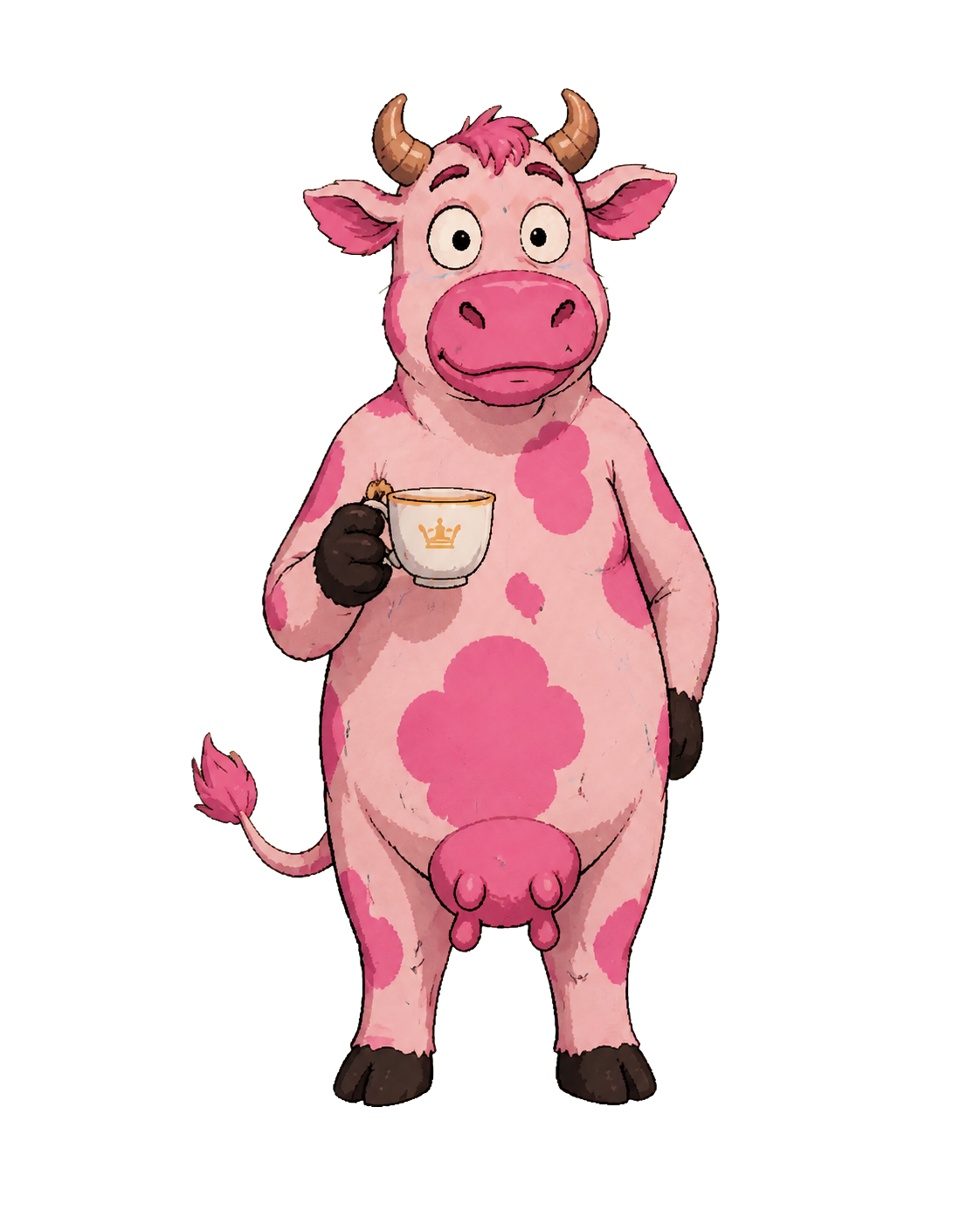 Pinky, a pink cow with a cup of tea